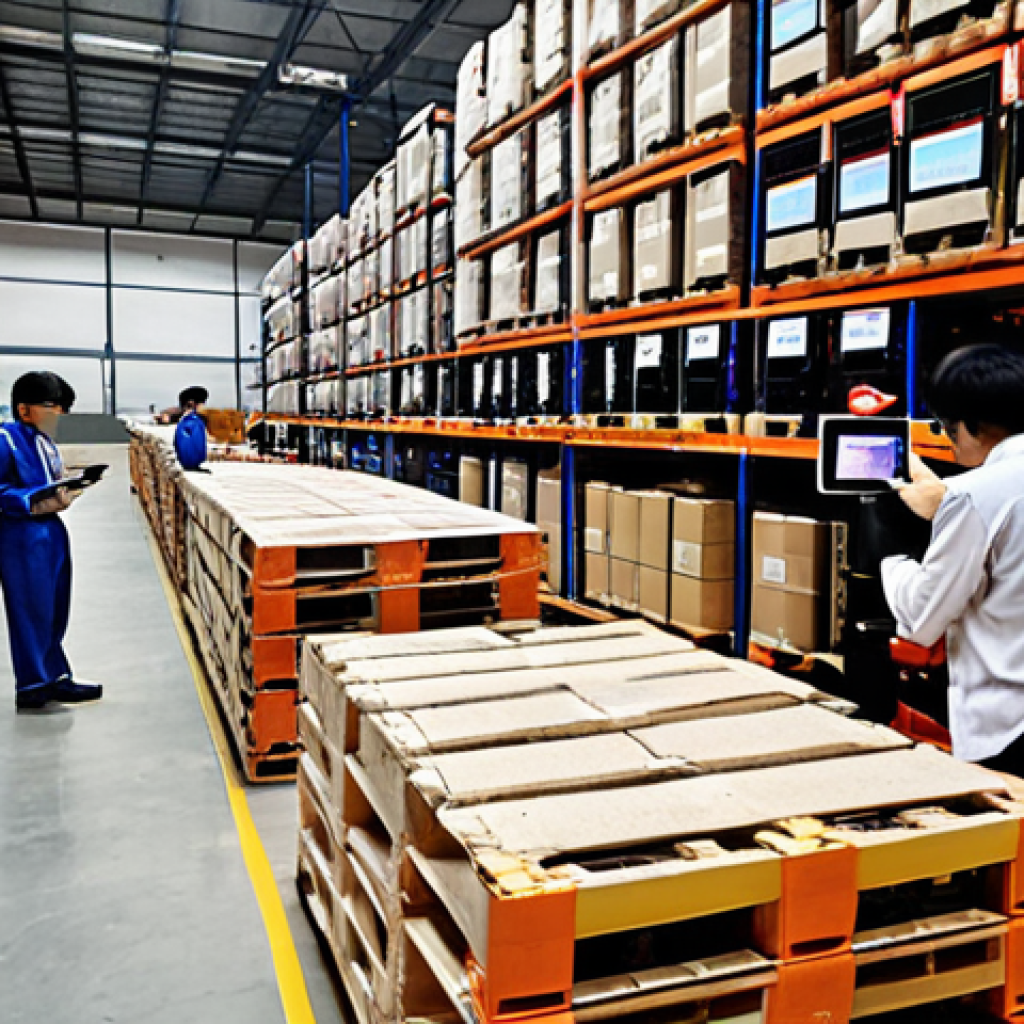 **

A bustling, modern warehouse in Vietnam. Pallets are labeled with QR codes. Workers use handheld devices to scan inventory. A central computer screen displays real-time data visualizations and AI-powered predictive analytics about stock levels and demand. Subtle lighting creates a sense of efficiency and innovation, emphasizing the use of AI and IoT in warehouse management.

**