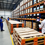 **

A bustling, modern warehouse in Vietnam. Pallets are labeled with QR codes. Workers use handheld devices to scan inventory. A central computer screen displays real-time data visualizations and AI-powered predictive analytics about stock levels and demand. Subtle lighting creates a sense of efficiency and innovation, emphasizing the use of AI and IoT in warehouse management.

**