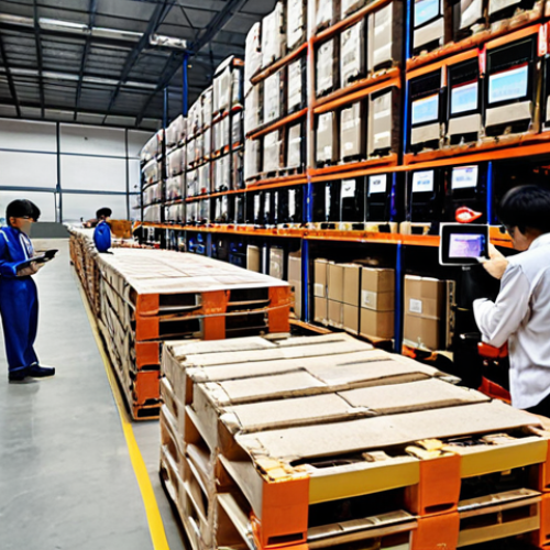 **

A bustling, modern warehouse in Vietnam. Pallets are labeled with QR codes. Workers use handheld devices to scan inventory. A central computer screen displays real-time data visualizations and AI-powered predictive analytics about stock levels and demand. Subtle lighting creates a sense of efficiency and innovation, emphasizing the use of AI and IoT in warehouse management.

**