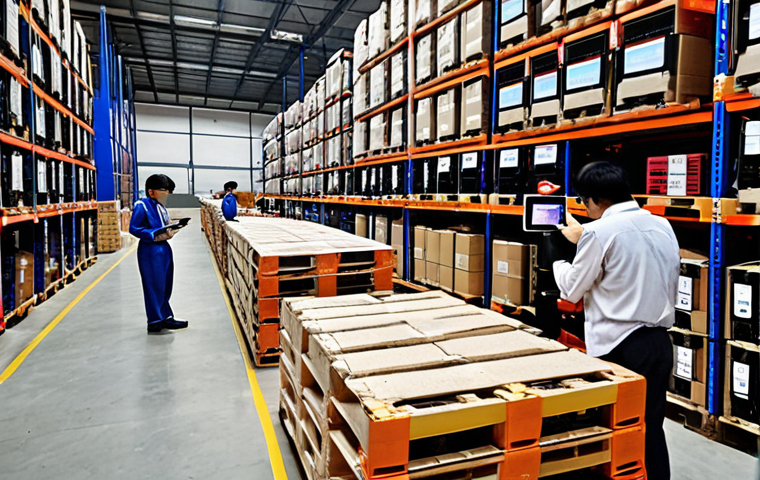 **
A bustling, modern warehouse in Vietnam. Pallets are labeled with QR codes. Workers use handheld devices to scan inventory. A central computer screen displays real-time data visualizations and AI-powered predictive analytics about stock levels and demand. Subtle lighting creates a sense of efficiency and innovation, emphasizing the use of AI and IoT in warehouse management.
**