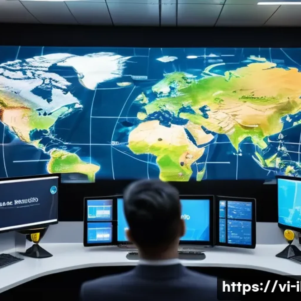 AI 기반 국제물류 최적화 - A modern international logistics control room featuring large digital screens displaying real-time s...