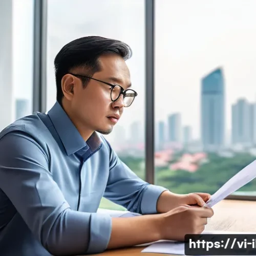 Home 28 국제물류관리사 연봉 협상 노하우 - A professional Vietnamese logistics manager confidently negotiating salary in a modern office settin...