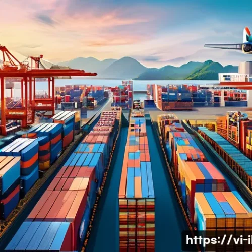 Home 15 국제물류관리사 기출문제 분석 - A detailed illustration of a global supply chain network in Southeast Asia, featuring interconnected...