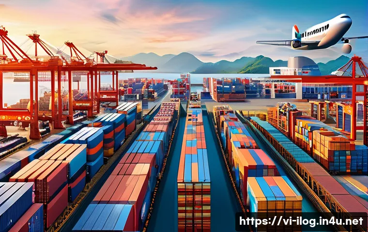 국제물류관리사 기출문제 분석 - A detailed illustration of a global supply chain network in Southeast Asia, featuring interconnected...